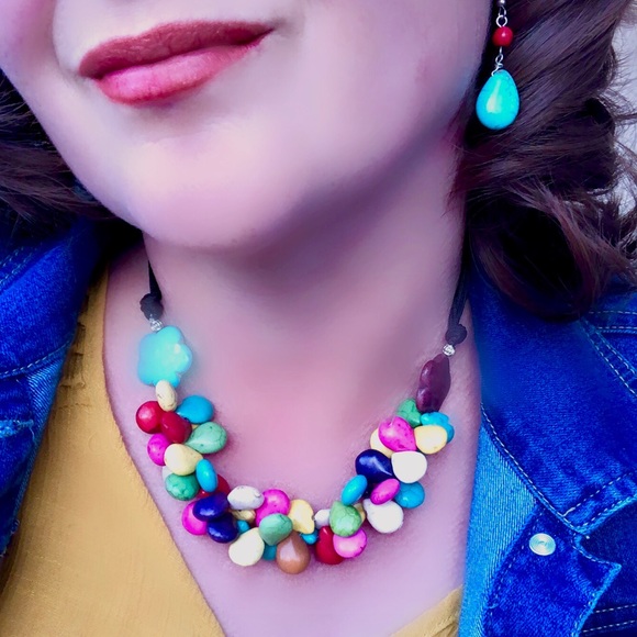 Turquoise Rainbow Gem Drop Necklace & Earrings Set - Picture 2 of 7